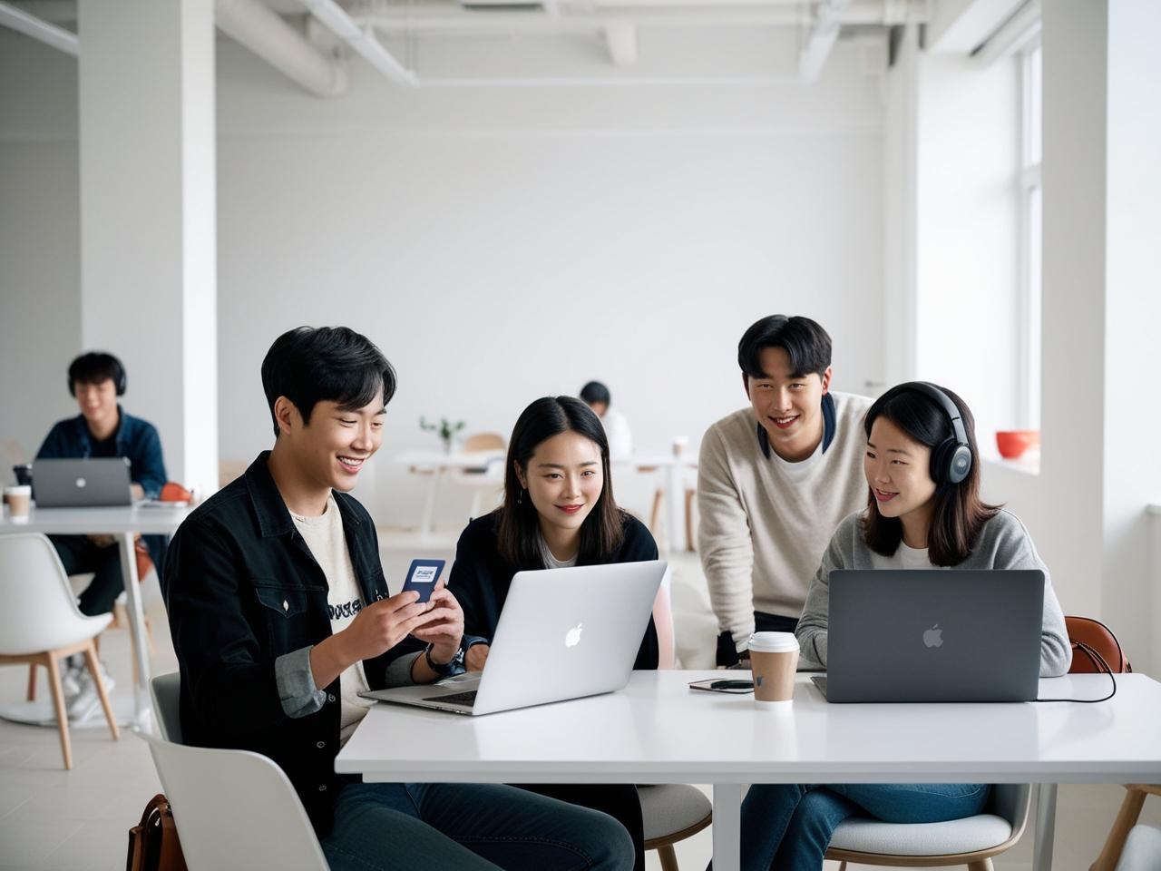 Korean freelancers in modern coworking space, using laptops, receiving micropayments, collaborating and focused.
