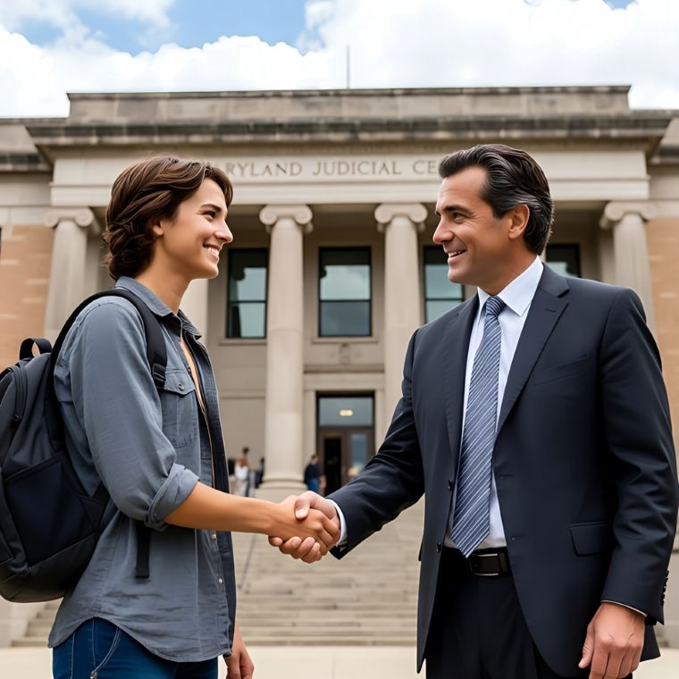 A confident lawyer shaking hands with a relieved client outside a Maryland courthouse