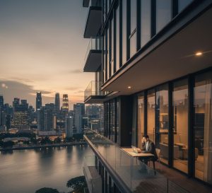 A modern riverfront condominium in Singapore’s District 9 featuring minimalist architectural design, expansive glass façades, river views at dusk, and an entrepreneur working with a laptop on a balcony overlooking the city skyline.